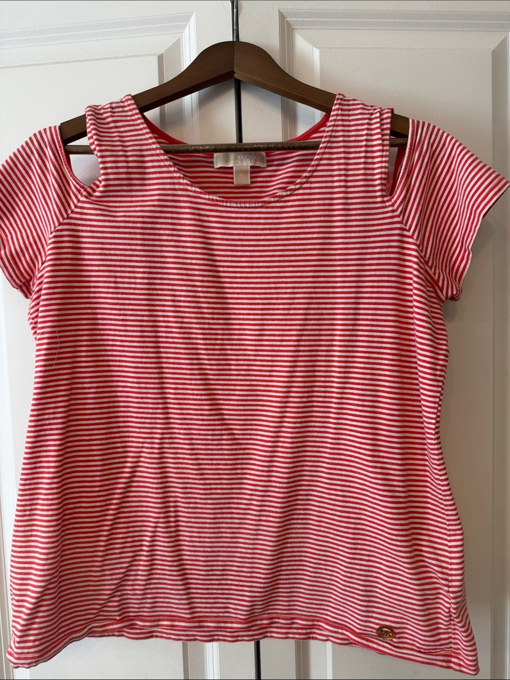 Michael Kors Red and White Striped Cold-Shoulder Tee